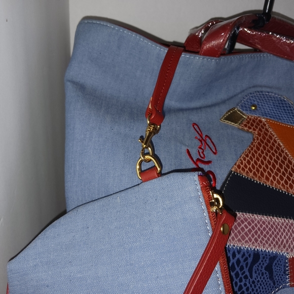 Sharif Animal Melange Denim & Leather Patchwork Tote with Cosmetic Bag, NWT - Picture 11 of 13